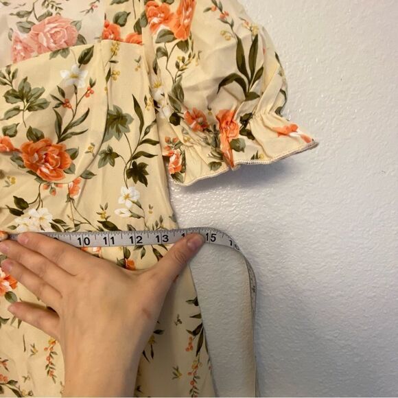 Floral midi dress sweetheart neckline button front puff sleeve feminine Dress XS - Picture 10 of 12